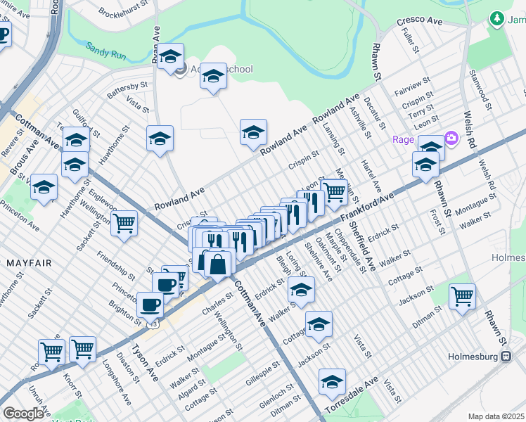 map of restaurants, bars, coffee shops, grocery stores, and more near 3447 Bleigh Avenue in Philadelphia