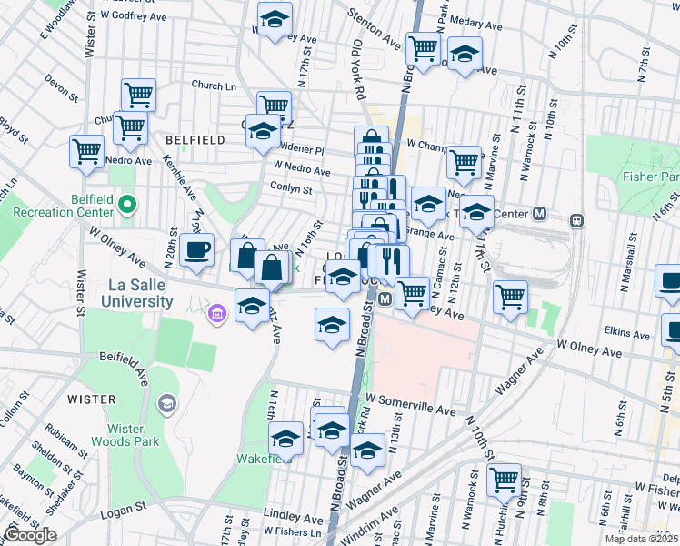 map of restaurants, bars, coffee shops, grocery stores, and more near 5623 North 15th Street in Philadelphia