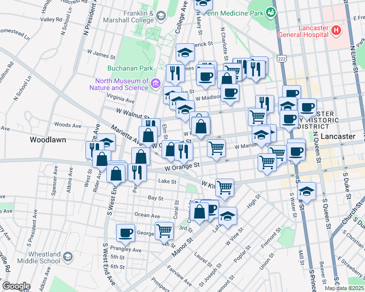 map of restaurants, bars, coffee shops, grocery stores, and more near 624 West Chestnut Street in Lancaster