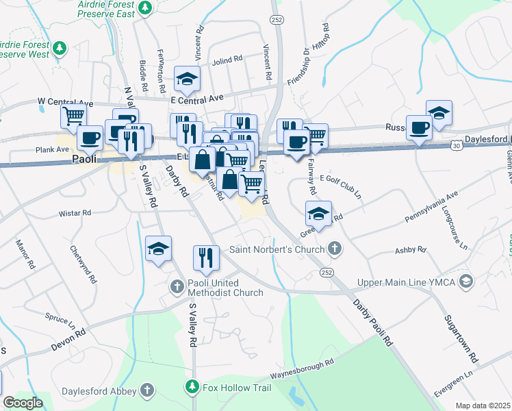 map of restaurants, bars, coffee shops, grocery stores, and more near 39 Leopard Road in Paoli