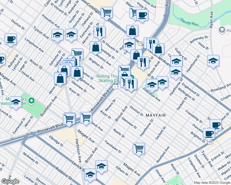 map of restaurants, bars, coffee shops, grocery stores, and more near 6939 East Roosevelt Boulevard in Philadelphia