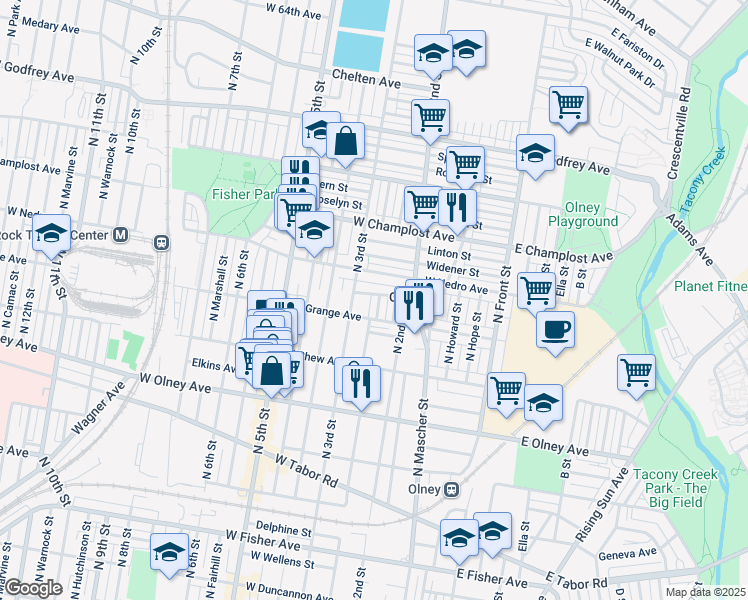 map of restaurants, bars, coffee shops, grocery stores, and more near 5828 North American Street in Philadelphia