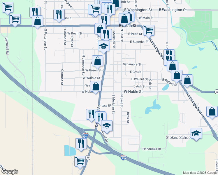 map of restaurants, bars, coffee shops, grocery stores, and more near 118 East Noble Street in Lebanon