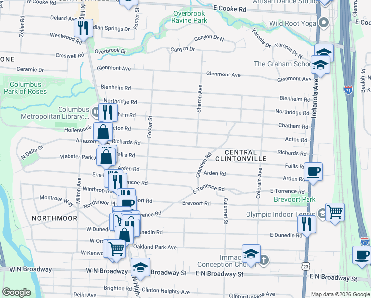 map of restaurants, bars, coffee shops, grocery stores, and more near 233 Richards Road in Columbus