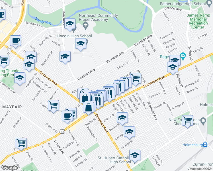 map of restaurants, bars, coffee shops, grocery stores, and more near 3446 Vista Street in Philadelphia