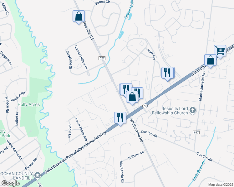 map of restaurants, bars, coffee shops, grocery stores, and more near 2138 Whitesville Road in Toms River