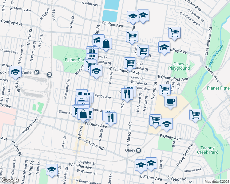 map of restaurants, bars, coffee shops, grocery stores, and more near 5818 North American Street in Philadelphia