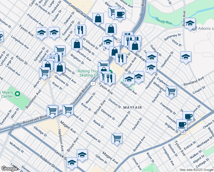 map of restaurants, bars, coffee shops, grocery stores, and more near 2829 Tyson Avenue in Philadelphia