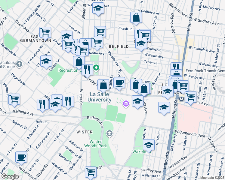 map of restaurants, bars, coffee shops, grocery stores, and more near 1917 West Olney Avenue in Philadelphia