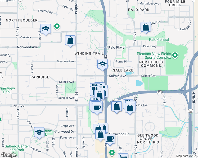 map of restaurants, bars, coffee shops, grocery stores, and more near 3565 28th Street in Boulder