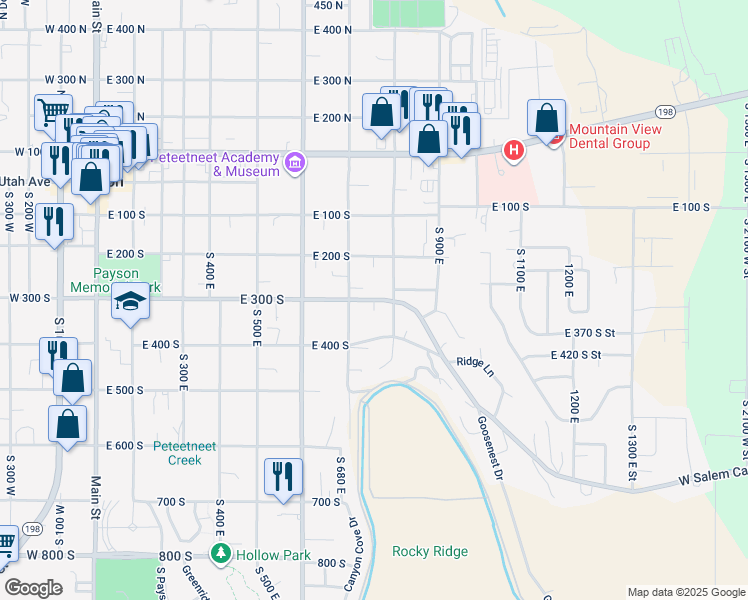 map of restaurants, bars, coffee shops, grocery stores, and more near 780 East 300 South in Payson