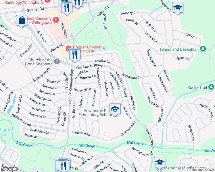 map of restaurants, bars, coffee shops, grocery stores, and more near 25 Heath Lane in Willingboro