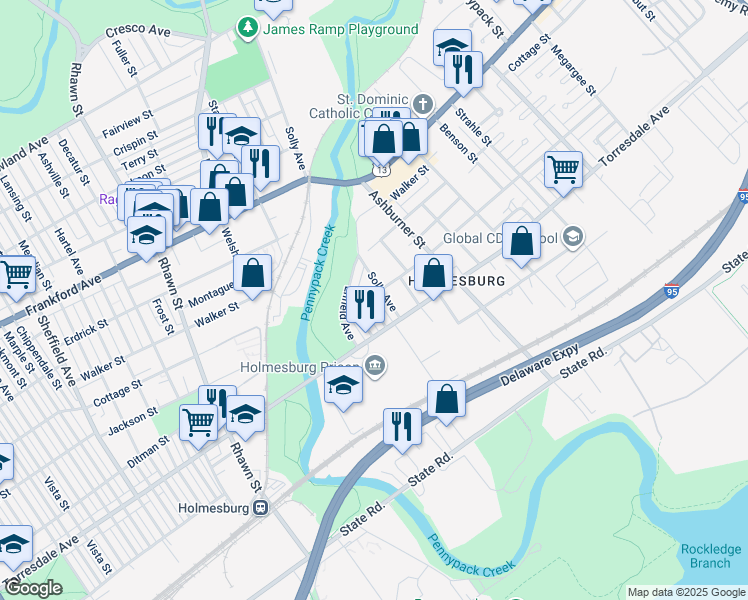 map of restaurants, bars, coffee shops, grocery stores, and more near 4601 Kraydor Street in Philadelphia