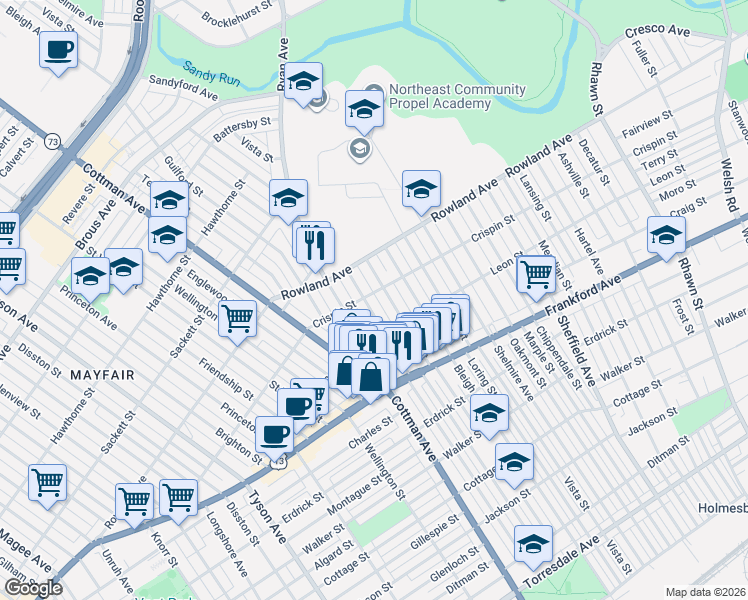map of restaurants, bars, coffee shops, grocery stores, and more near 3400 Aldine Street in Philadelphia