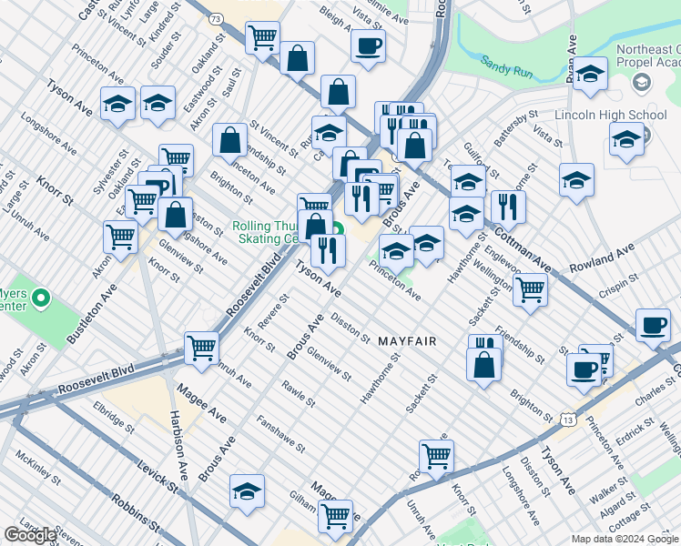 map of restaurants, bars, coffee shops, grocery stores, and more near 2902 Brighton Street in Philadelphia