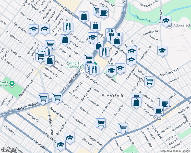 map of restaurants, bars, coffee shops, grocery stores, and more near 2902 Brighton Street in Philadelphia