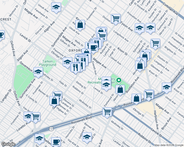 map of restaurants, bars, coffee shops, grocery stores, and more near 1451 Elbridge Street in Philadelphia