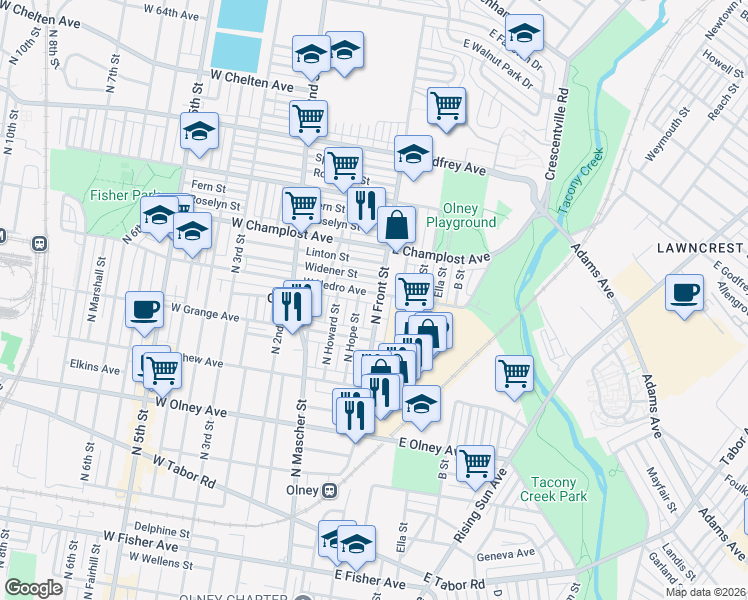 map of restaurants, bars, coffee shops, grocery stores, and more near 5829 North Front Street in Philadelphia