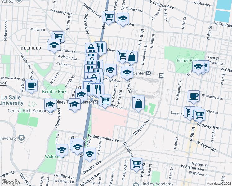 map of restaurants, bars, coffee shops, grocery stores, and more near 5700 North 12th Street in Philadelphia