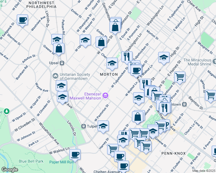 map of restaurants, bars, coffee shops, grocery stores, and more near 133 West Tulpehocken Street in Philadelphia