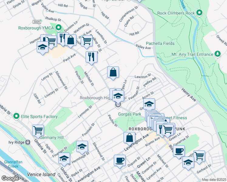 map of restaurants, bars, coffee shops, grocery stores, and more near 6619 Ridge Avenue in Philadelphia
