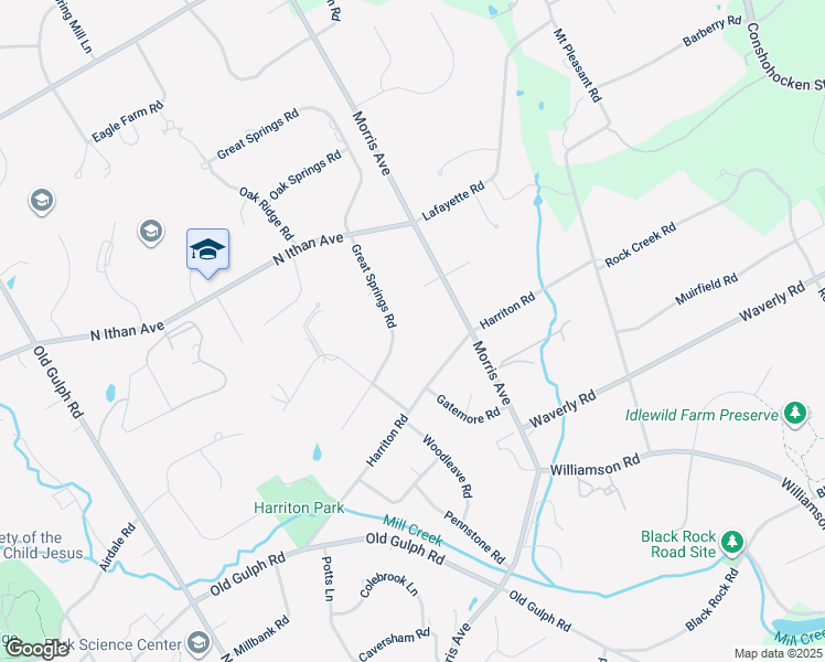 map of restaurants, bars, coffee shops, grocery stores, and more near 711 Great Springs Road in Bryn Mawr