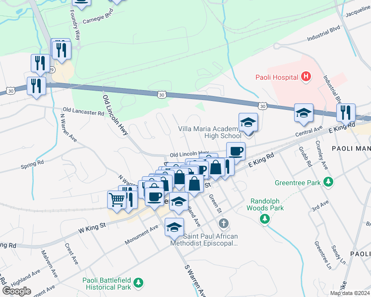 map of restaurants, bars, coffee shops, grocery stores, and more near 327 Old Lincoln Highway in Malvern