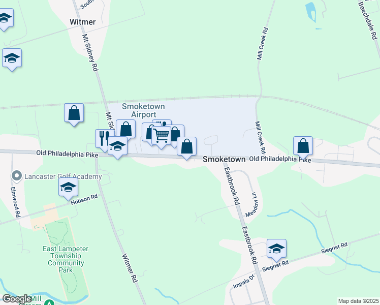 map of restaurants, bars, coffee shops, grocery stores, and more near 2466 Old Philadelphia Pike in Lancaster