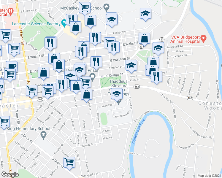 map of restaurants, bars, coffee shops, grocery stores, and more near 730 East King Street in Lancaster