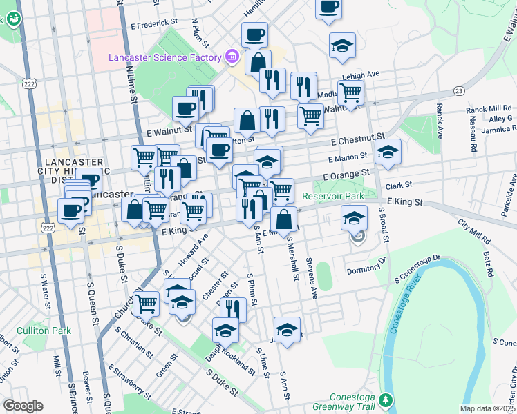 map of restaurants, bars, coffee shops, grocery stores, and more near 515 East King Street in Lancaster