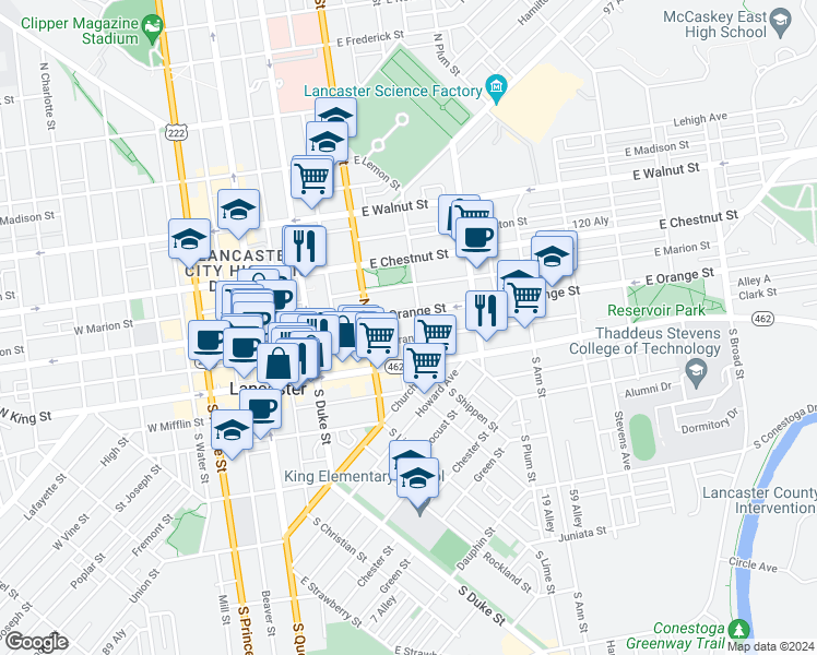 map of restaurants, bars, coffee shops, grocery stores, and more near 225 East Grant Street in Lancaster
