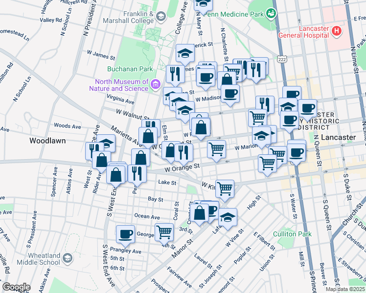 map of restaurants, bars, coffee shops, grocery stores, and more near 624 West Chestnut Street in Lancaster