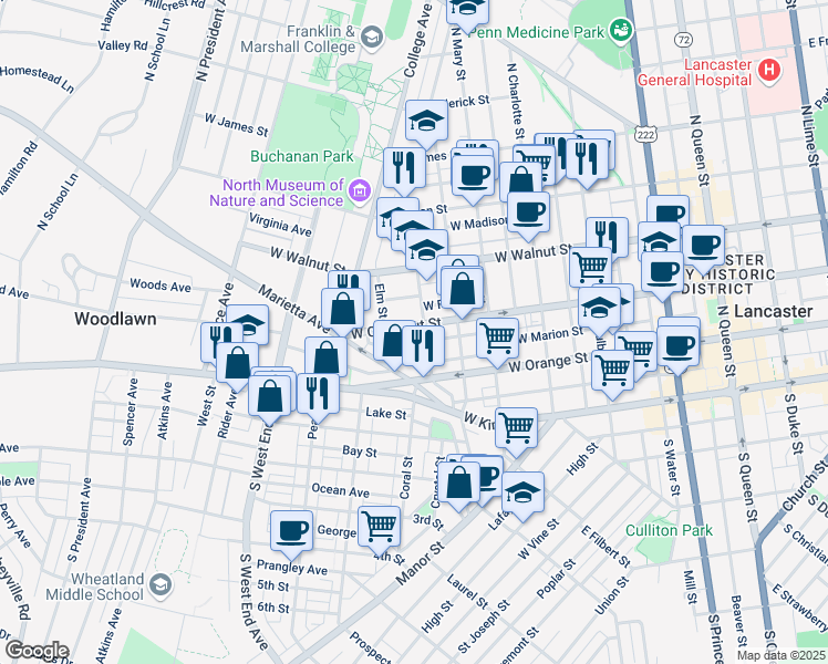 map of restaurants, bars, coffee shops, grocery stores, and more near 624 West Chestnut Street in Lancaster