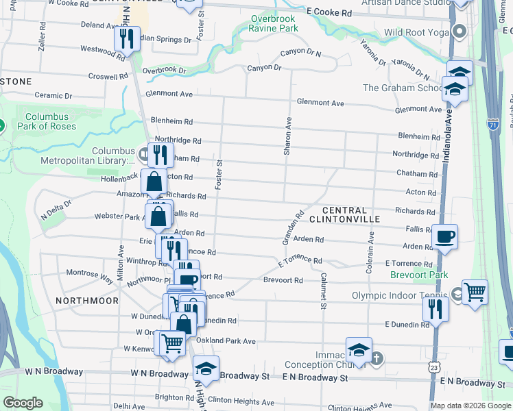 map of restaurants, bars, coffee shops, grocery stores, and more near 233 Richards Road in Columbus