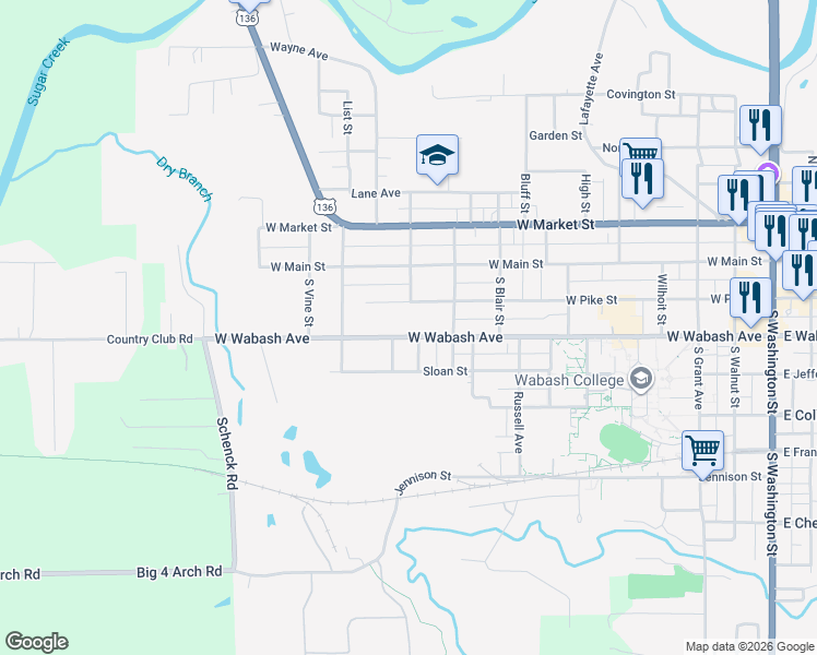 map of restaurants, bars, coffee shops, grocery stores, and more near 1104 West Wabash Avenue in Crawfordsville