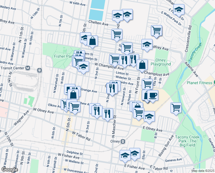 map of restaurants, bars, coffee shops, grocery stores, and more near 221 West Calvert Street in Philadelphia