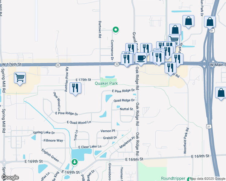 map of restaurants, bars, coffee shops, grocery stores, and more near 517 Pine Ridge Drive in Westfield