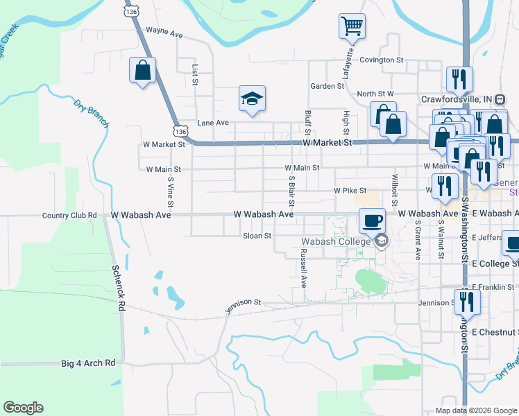 map of restaurants, bars, coffee shops, grocery stores, and more near 275 South West Street in Crawfordsville