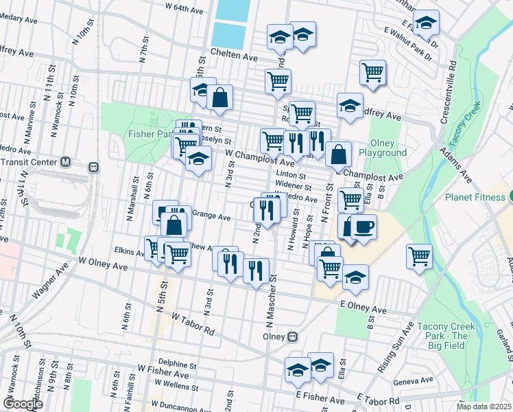 map of restaurants, bars, coffee shops, grocery stores, and more near 5835 North Philip Street in Philadelphia