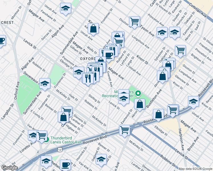 map of restaurants, bars, coffee shops, grocery stores, and more near 1451 Elbridge Street in Philadelphia