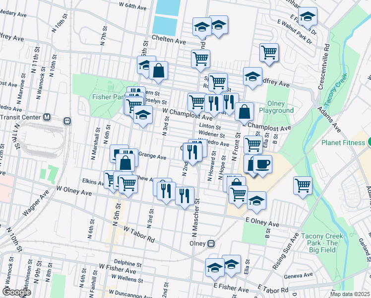 map of restaurants, bars, coffee shops, grocery stores, and more near 5835 North Philip Street in Philadelphia