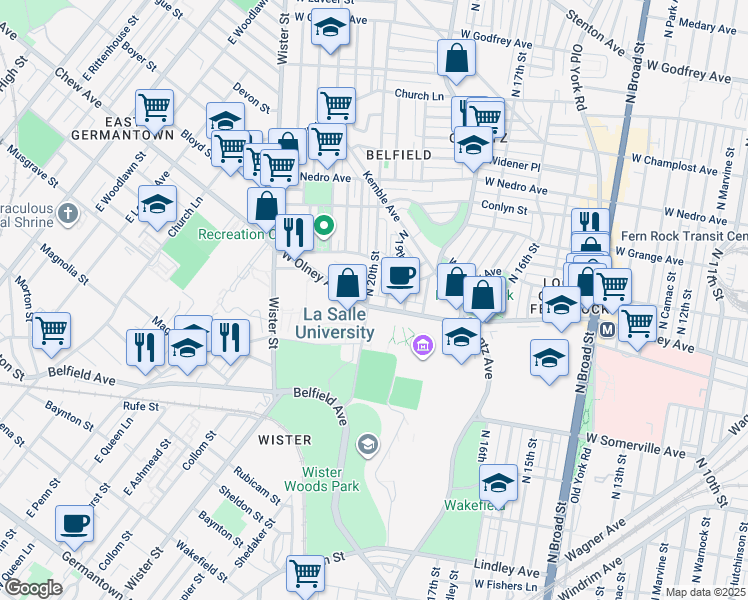 map of restaurants, bars, coffee shops, grocery stores, and more near 1921 West Olney Avenue in Philadelphia
