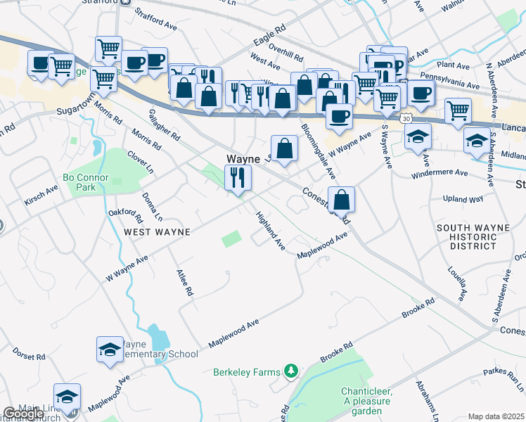 map of restaurants, bars, coffee shops, grocery stores, and more near 217 Highland Avenue in Wayne