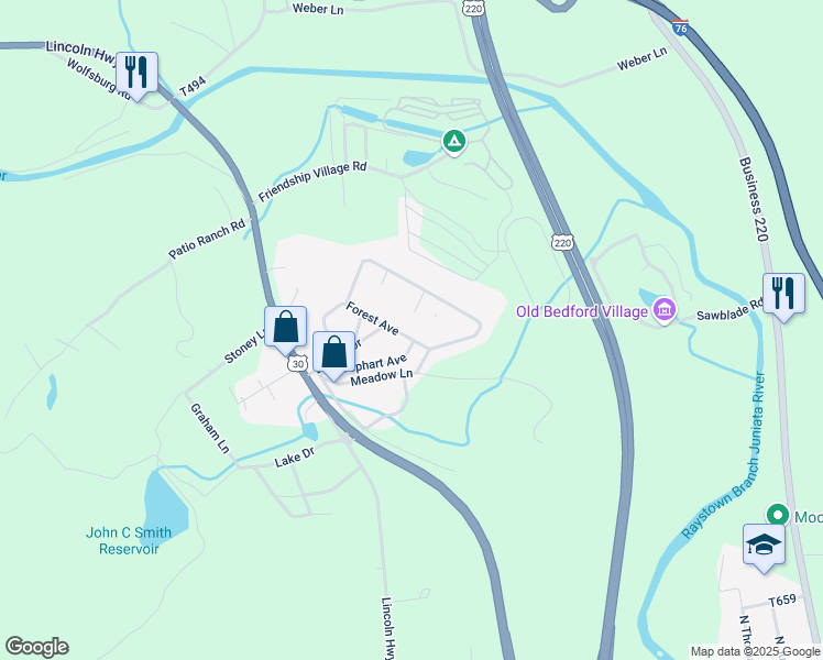 map of restaurants, bars, coffee shops, grocery stores, and more near 5026 Forest Avenue in Bedford
