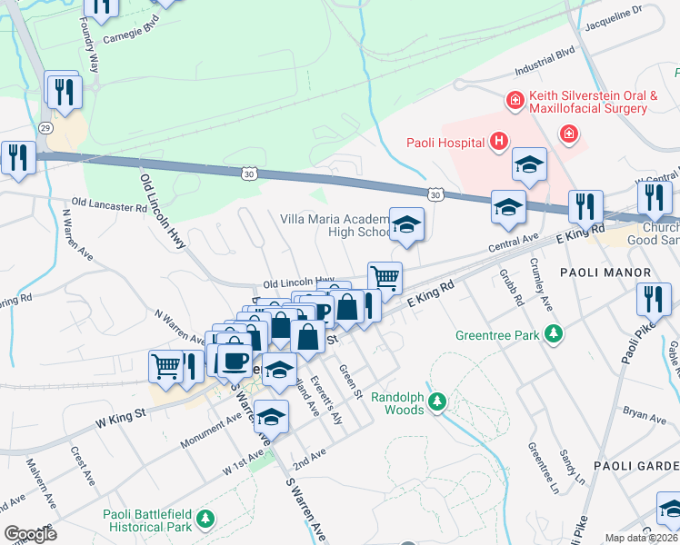 map of restaurants, bars, coffee shops, grocery stores, and more near 363 East Broad Street in Malvern