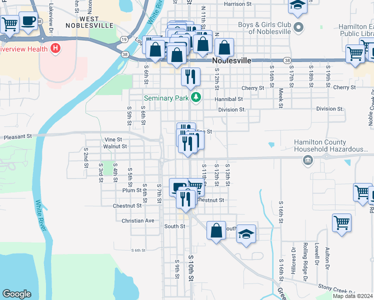 map of restaurants, bars, coffee shops, grocery stores, and more near 729 South 10th Street in Noblesville