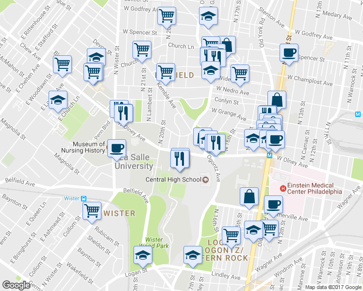 map of restaurants, bars, coffee shops, grocery stores, and more near 5617 North 19th Street in Philadelphia