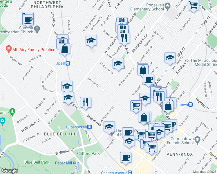 map of restaurants, bars, coffee shops, grocery stores, and more near 150 West Washington Lane in Philadelphia