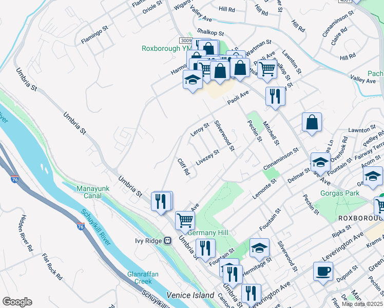 map of restaurants, bars, coffee shops, grocery stores, and more near 6952 Manti Street in Philadelphia