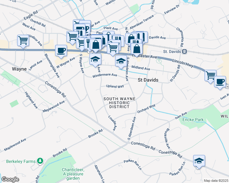 map of restaurants, bars, coffee shops, grocery stores, and more near 220 Upland Way in Wayne
